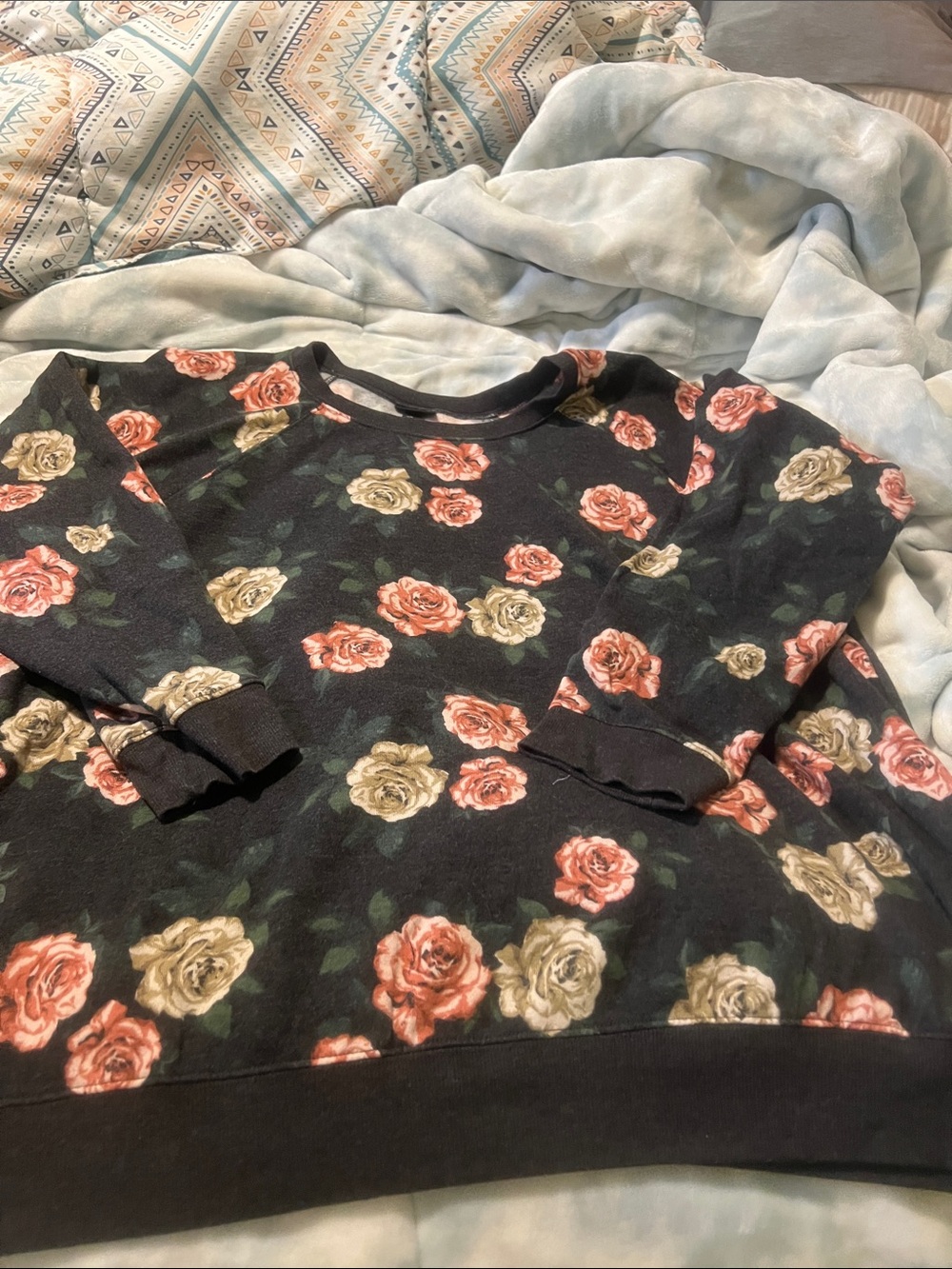 torrid Black Sweatshirt with Pink and Cream Rose Print